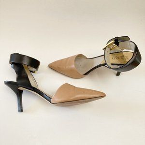 Michael KORS JULIETA Black Tan Leather Wide Ankle Strap Pointed Toe Slingback 8M